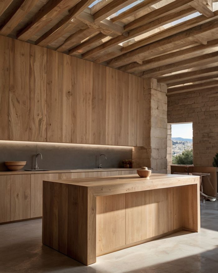 A modern kitchen with wooden furniture, stone walls, and wooden beams on the ceiling. A warm atmosphere and rustic design reminiscent of past eras.