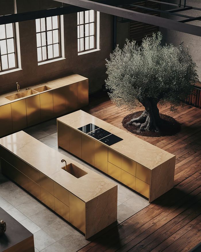 Η Mebel Arts προσφέρει έπιπλα κουζίνας σε χρυσή απόχρωση, με μοντέρνο σχεδιασμό και πολυτελή υλικά, δημιουργώντας έναν εντυπωσιακό και κομψό χώρο.