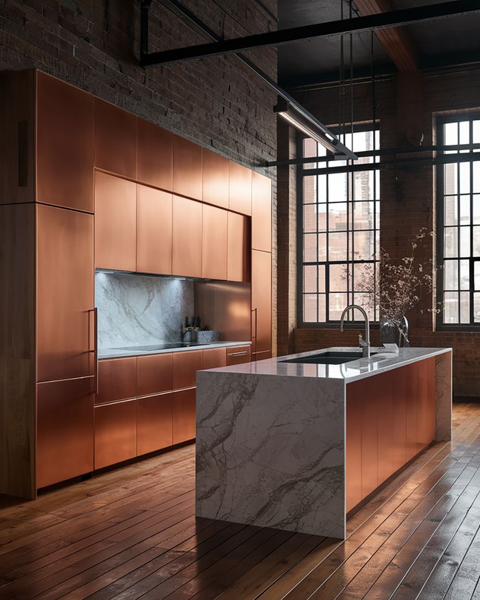 Modern kitchens in copper tones with a white marble island and backsplash. Wooden flooring and large windows with exposed bricks in the background.