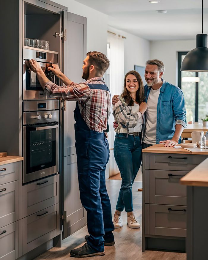 Rénovation de cuisine avec une décoration confortable; un technicien installe un four tandis qu'un couple regarde, satisfait. Mebel Arts