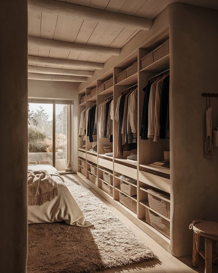 Bedroom wardrobes A3 with wooden cladding and wicker baskets. A warm and organized space with shelves and hangers, ideal for any bedroom. Mebel Arts.