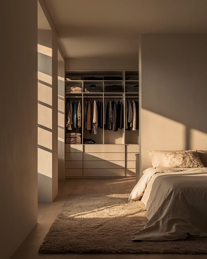 Bedroom Closets A3 with Wood Veneer and White Fixtures
A warm and organized space with shelves and hangers, perfect for any bedroom. Mebel Arts.