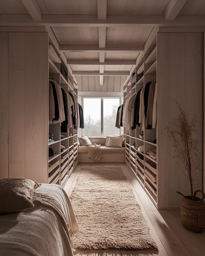 Bedroom wardrobes A3 with wooden cladding and a large open window. A bright and organized space with shelves and hangers, ideal for any bedroom. Mebel Arts.