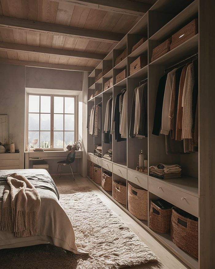 Placards de Chambre A3 avec Revêtement en Bois et Grande Fenêtre
Un espace lumineux et bien organisé avec des étagères, des cintres et des paniers en osier, idéal pour toute chambre à coucher.