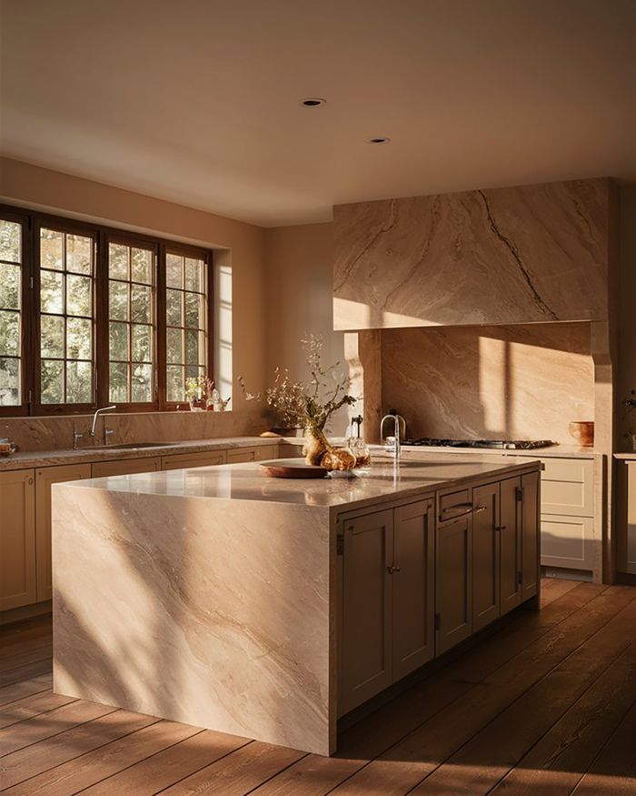 Kitchen furniture with a central kitchen island made of marble and wood, featuring cabinets and a dishwasher.