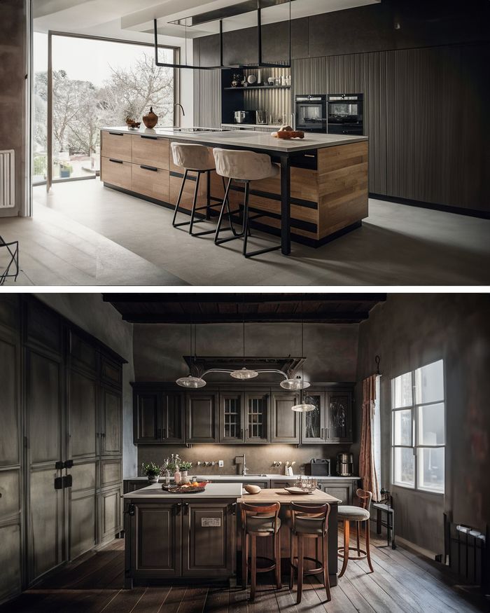 Modern wooden kitchen furniture with an island and stools, bright environment, Mebel Arts.