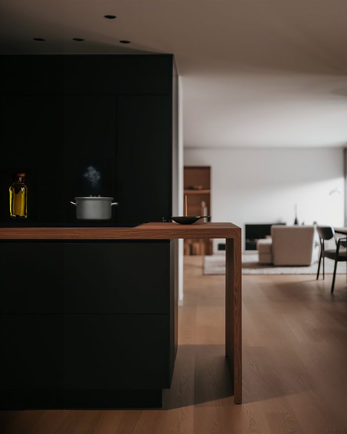 Kitchen furniture with black cabinets and a wooden island in a modern kitchen. Mebel Arts.