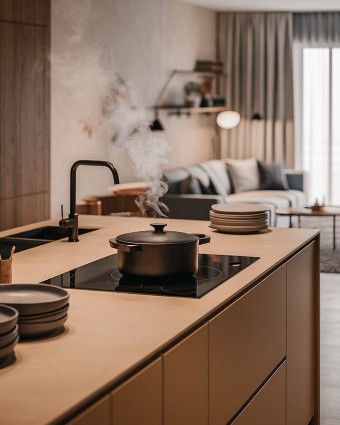 Cuisine moderne avec îlot et plaque à induction, avec une casserole noire sur le comptoir. Mebel Arts