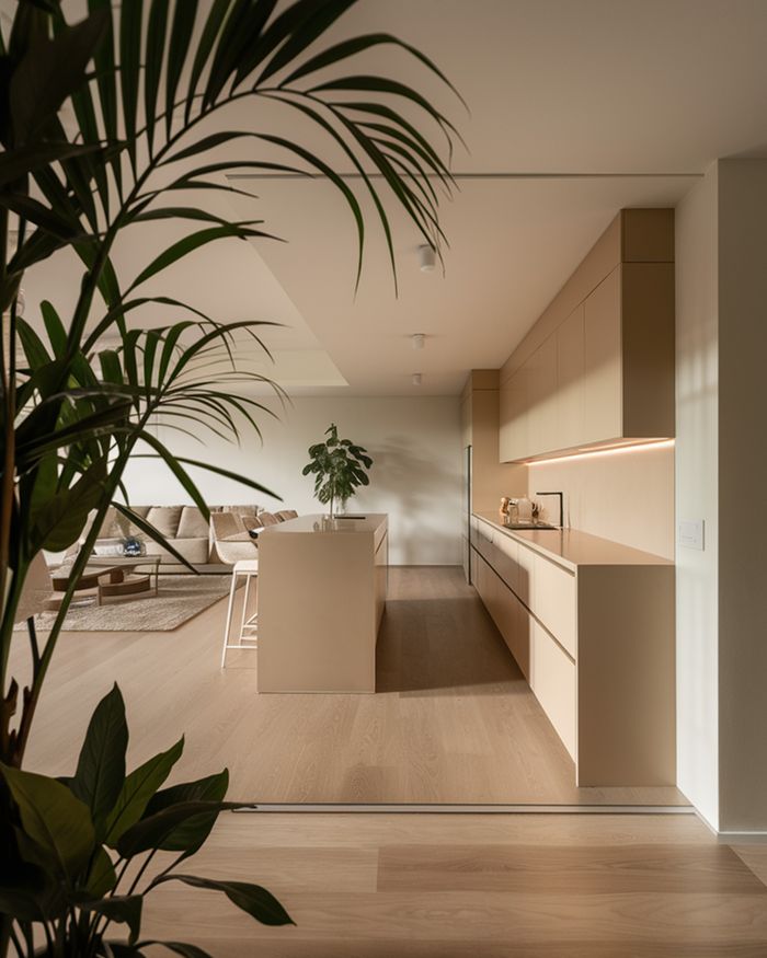 Modern kitchen with island, storage spaces, and indoor plants. Mebel Arts