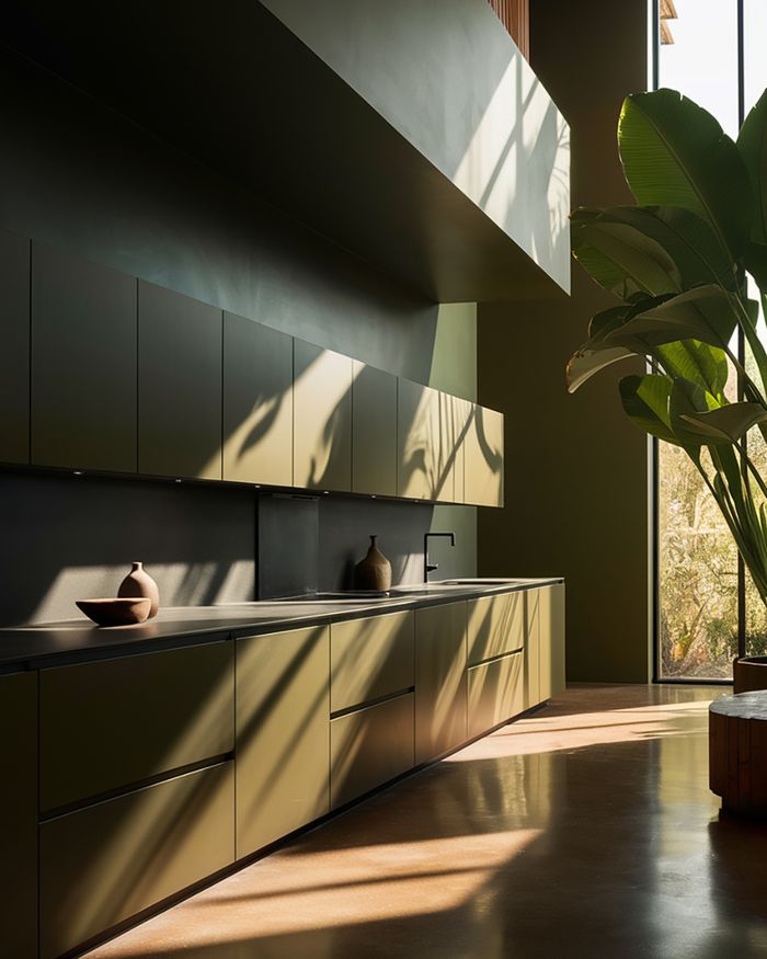 Green kitchen furniture in a linear design and modern style, with natural lighting. Mebel Arts