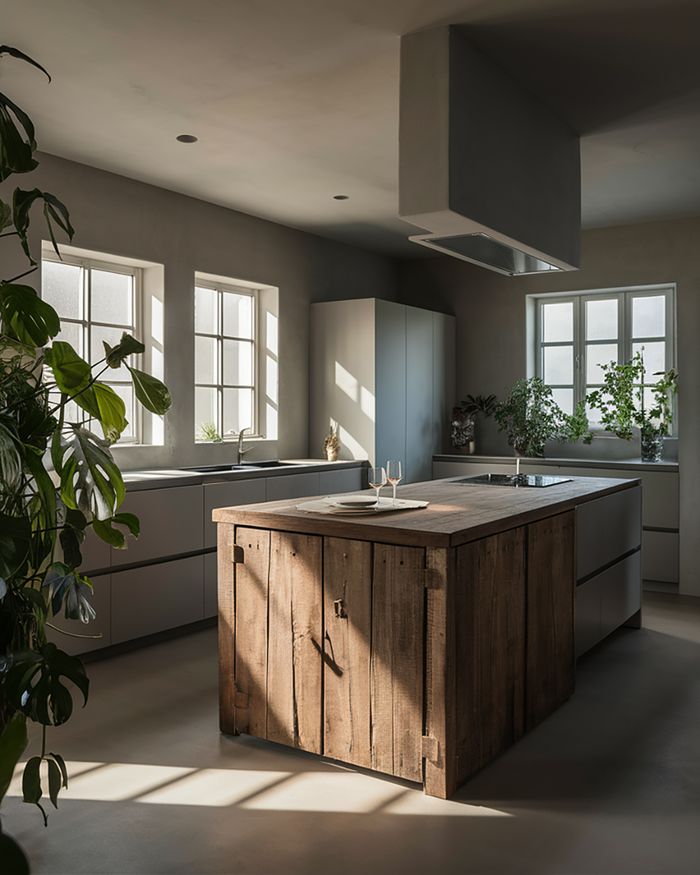 Meubles de cuisine avec un îlot en bois et design moderne. Mebel Arts.