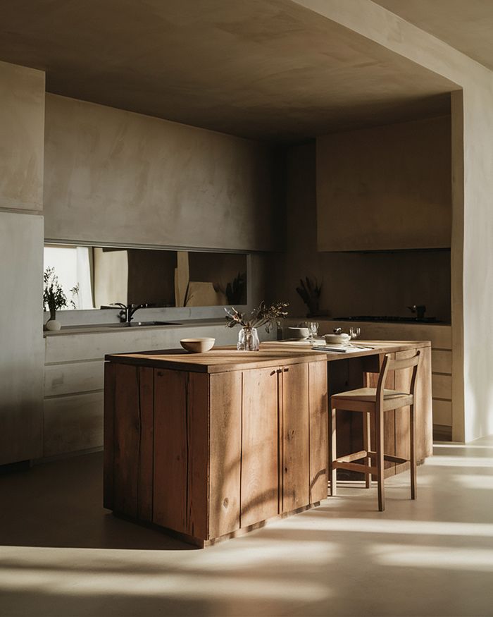 Meubles de cuisine avec un îlot fabriqué à partir d'une ancienne armoire en bois et une esthétique contemporaine. Mebel Arts.