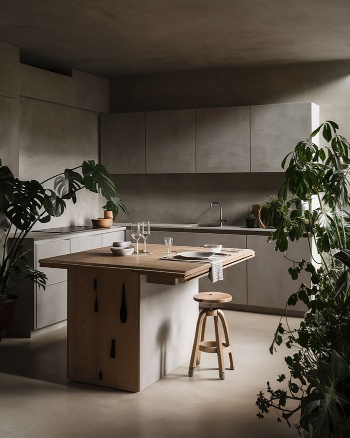 Meubles de cuisine avec un îlot fabriqué à partir d'un ancien comptoir en bois et un design moderne. Mebel Arts.