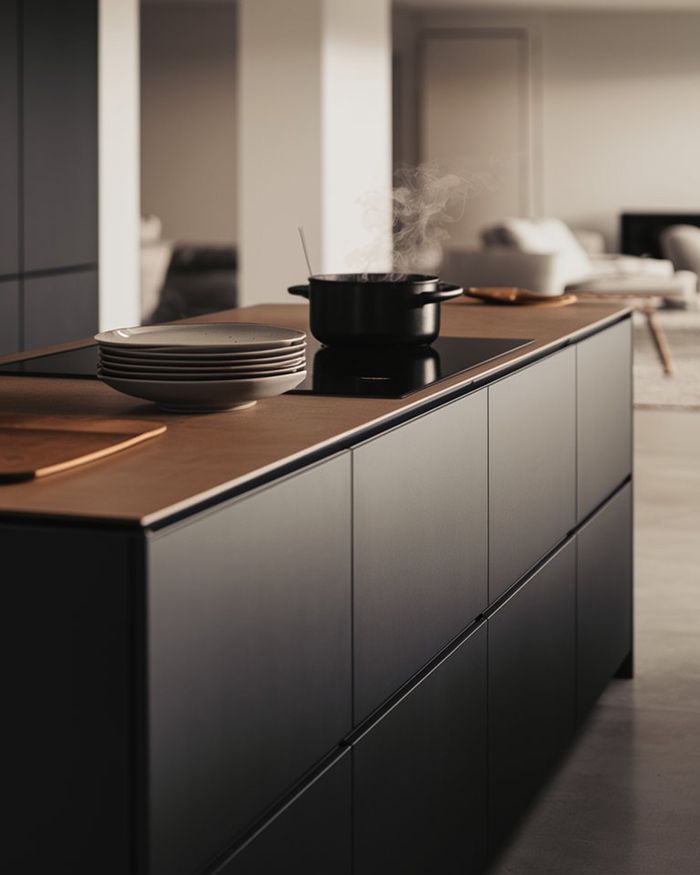 Modern kitchen with a black island and an integrated stovetop. A pot is simmering on the stovetop, while a living room is visible in the background. Ideal kitchen furniture.