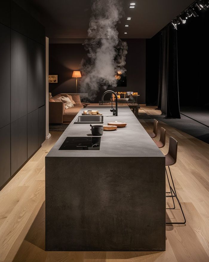 Cuisine moderne avec un îlot gris et une plaque de cuisson intégrée dégageant de la vapeur. En arrière-plan, un salon avec un lampadaire est visible. Meubles de cuisine idéaux.