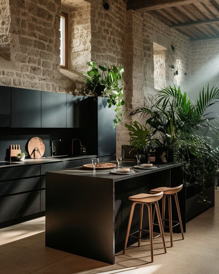 Kitchen with dark anthracite cabinets and an island, set in a space with stone walls. Lush plants bring nature inside the home. Ideal kitchen furniture.