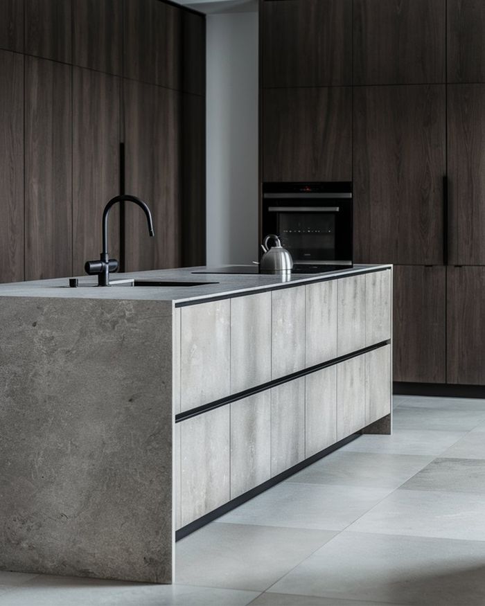 Modern kitchens with dark shades and stone surfaces. Simple aesthetic, concealed lighting, and high-quality materials. Mebel Arts.