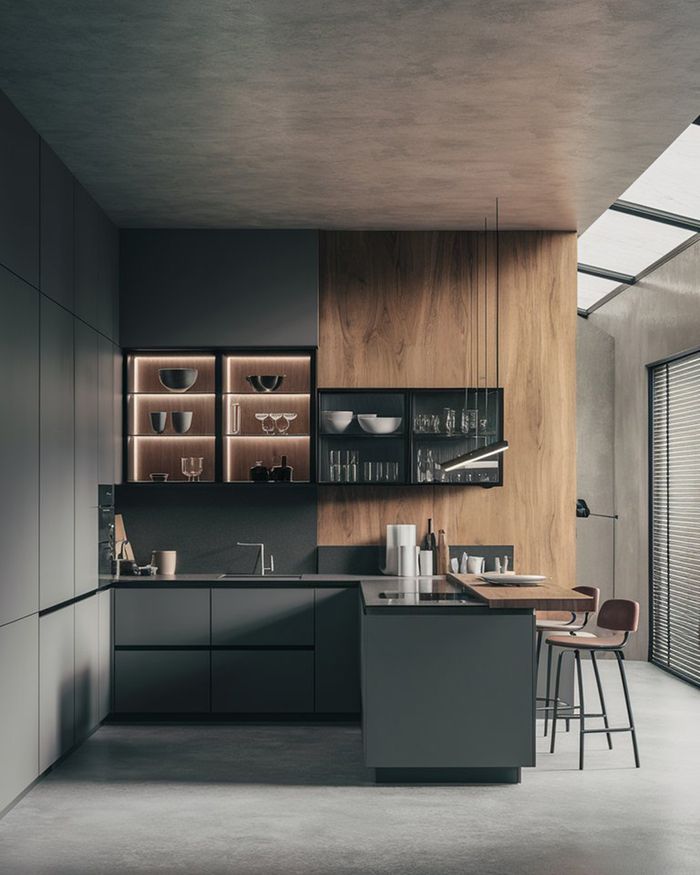 Modern kitchens with dark cabinets and subtle lighting. Wooden wall paneling, an elegant island, and a minimal aesthetic. Mebel Arts.