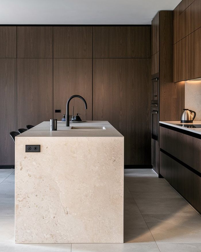 Modern kitchens with a marble island and dark-colored wooden cabinets. Minimal design with a black faucet and integrated appliances. Mebel Arts.