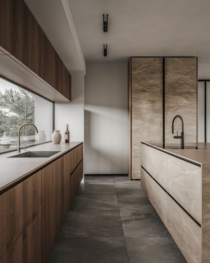 Modern kitchens with a marble countertop and wooden cabinets. Comfortable design with large storage spaces and natural lighting. Mebel Arts.