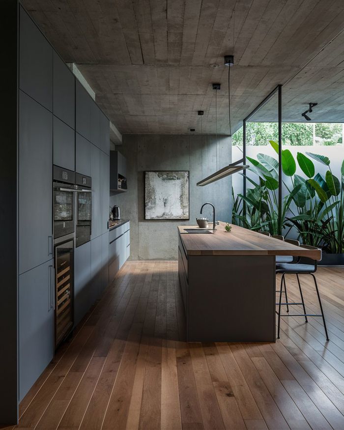 Modern kitchens with a wooden island and indoor plants. Minimal aesthetic, gray walls, and wide windows for natural lighting. Mebel Arts.