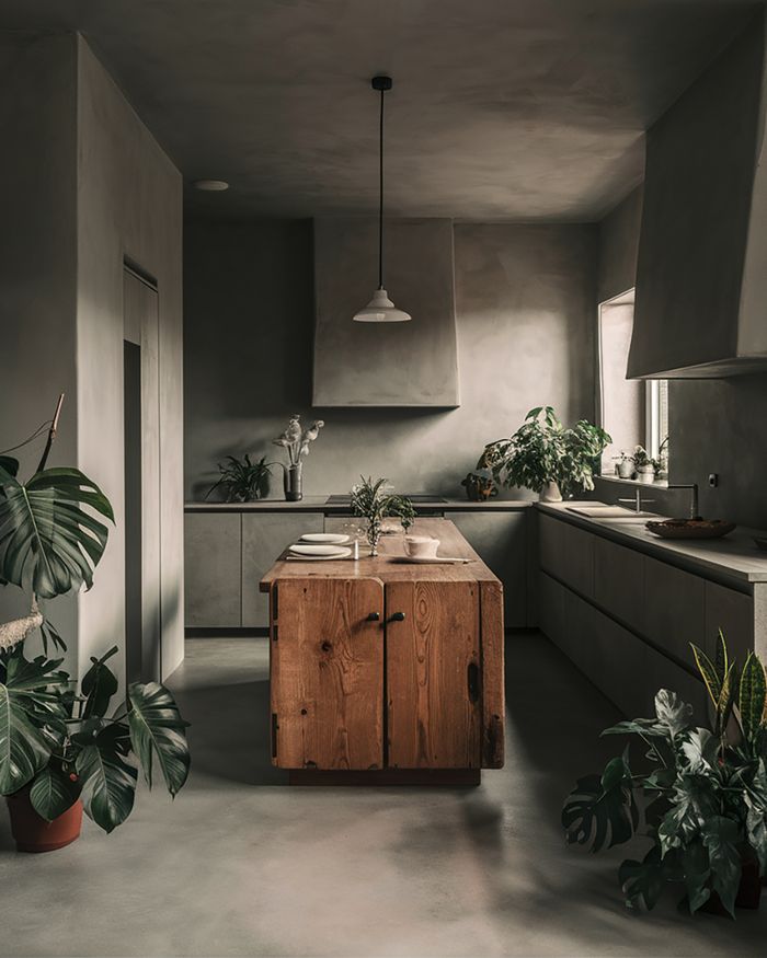 Meubles de cuisine à Athènes avec un îlot en bois naturel dans des tons terreux. Design moderne qui intègre des plantes d'intérieur pour une ambiance chaleureuse par Mebel Arts.