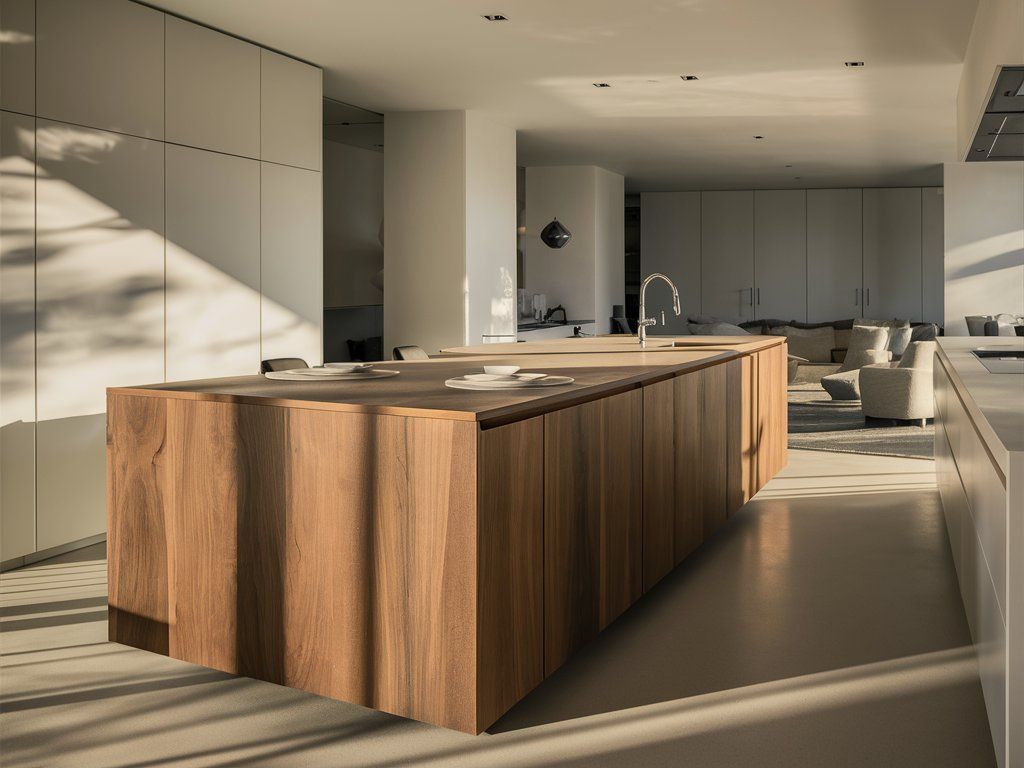 A white kitchen with wood accents on a sleek island and an integrated sink a design that defines the best kitchens, where natural light enhances soft tones and minimal style.