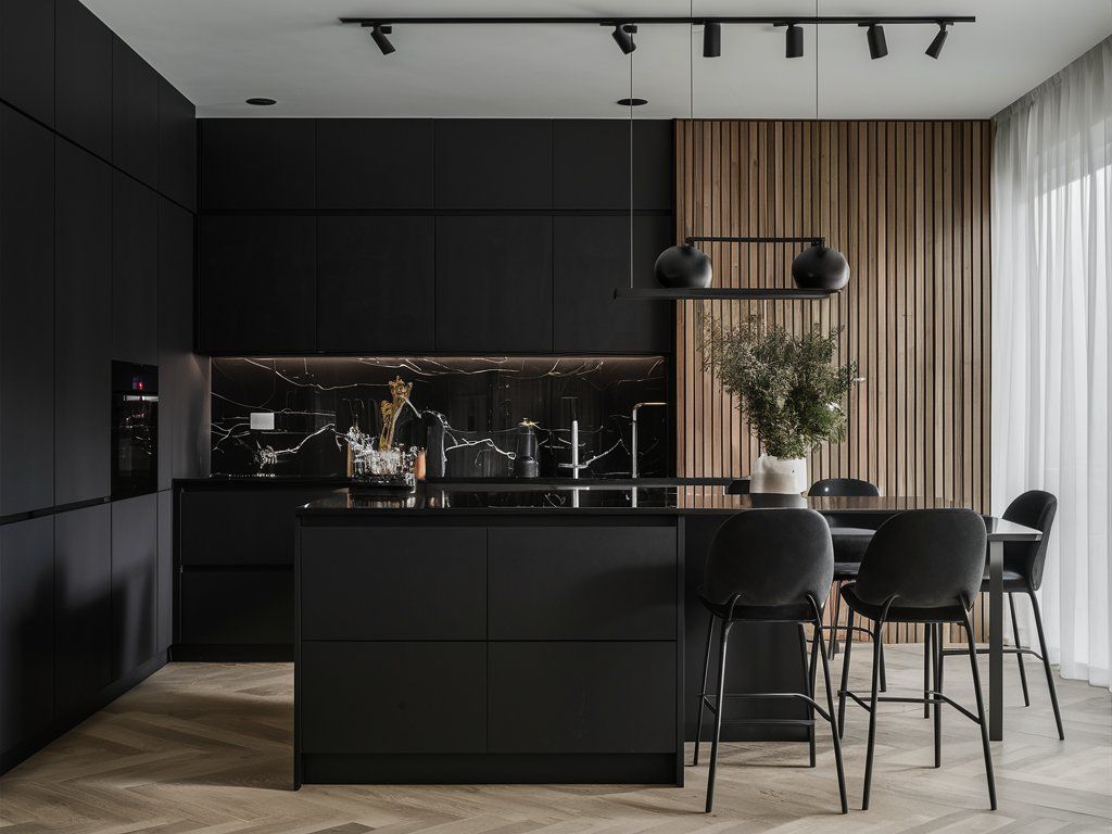 Cuisine Noire avec Bois, style moderne avec un îlot saisissant. Surfaces noires, fond en marbre et revêtement en bois pour une esthétique luxueuse. Mebel Arts.