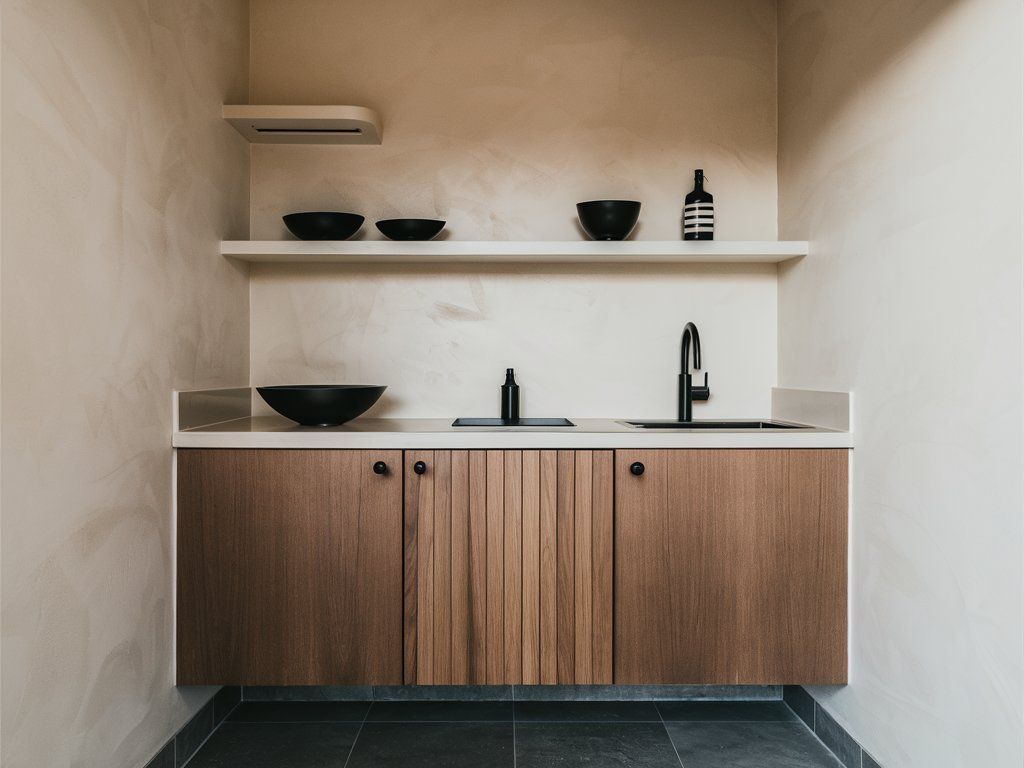 Mobilier de cuisine pour petits espaces avec des armoires en bois, un plan de travail blanc et un robinet noir. Esthétique simple et moderne par Mebel Arts.