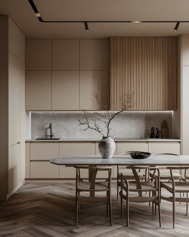 Beige Latte kitchen with modern aesthetics, wooden details, and linear cabinets in bright tones.