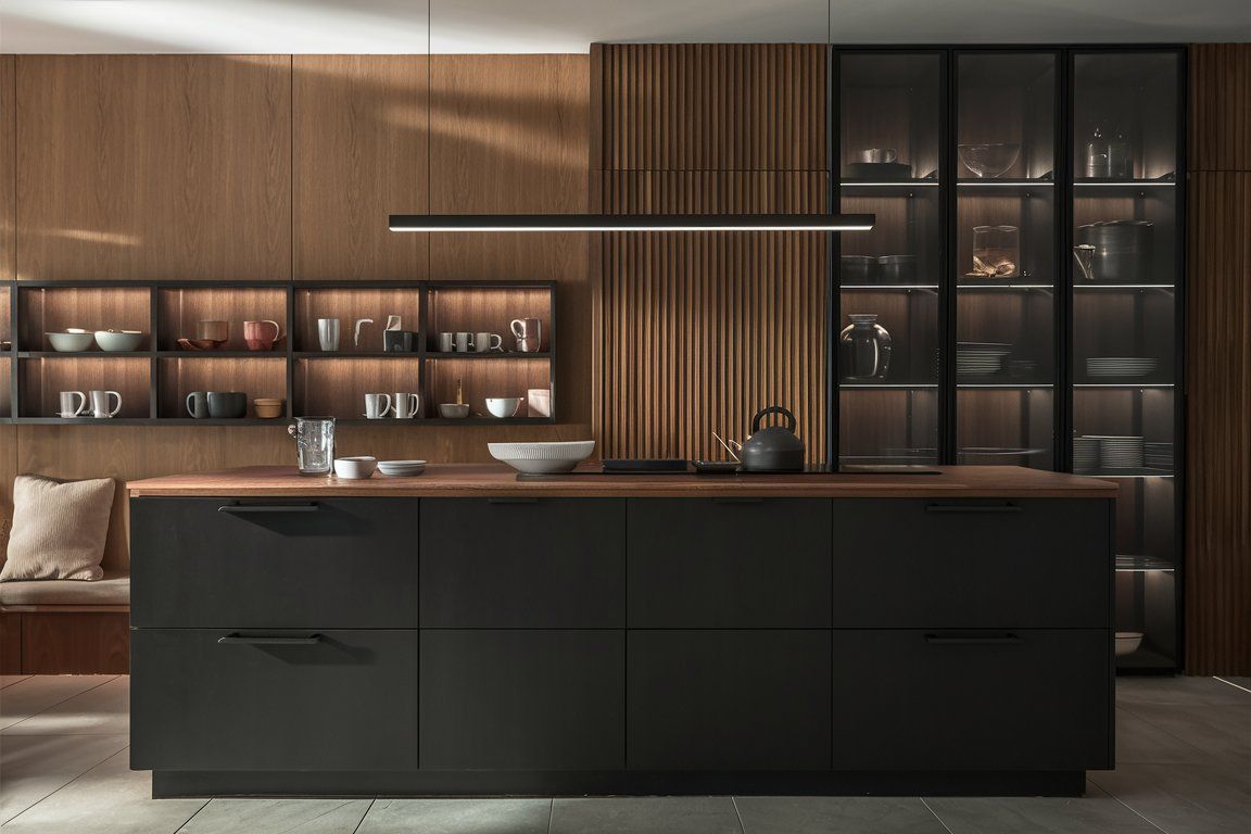 Meubles de Cuisine au Design Contemporain avec Îlot Noir, Étagère Éclairée KUBUS et Lattes Verticales en Bois sur le Mur