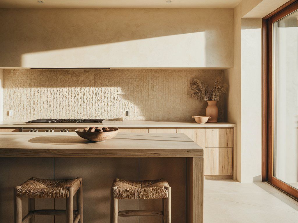 Modern Beige Kitchen with Wood in Natural Tones, Ample Natural Light, a Wooden Island, and Two Cozy Stool Chairs