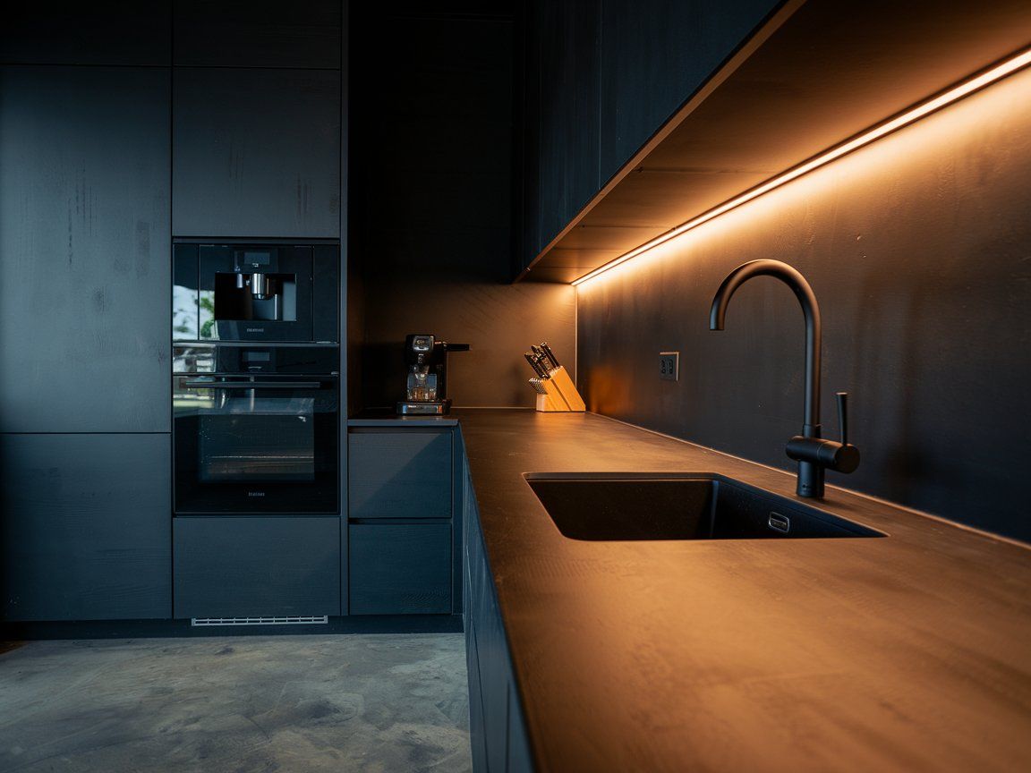 Black Kitchen with Modern LED Undercabinet Lighting, Black Worktop, and a Modern Black Faucet