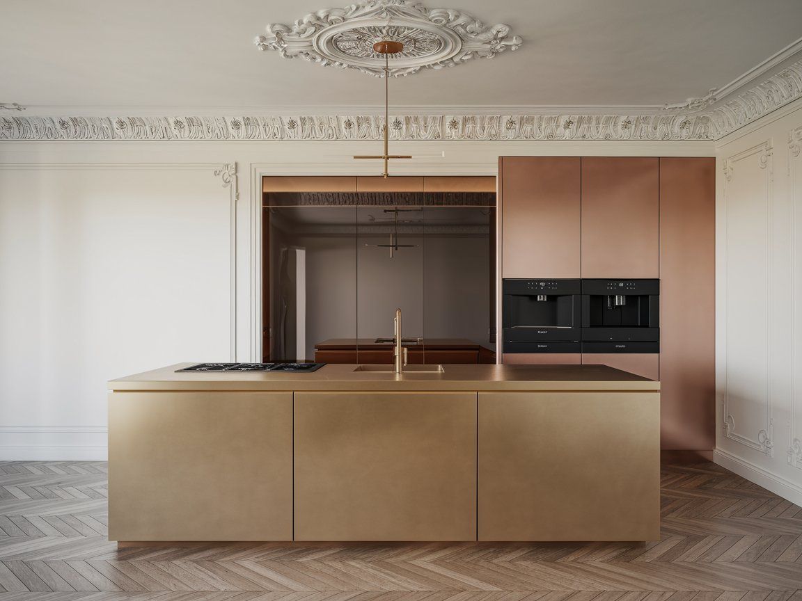 A golden island and classic plaster details create a unique style combination that defines the best kitchens.