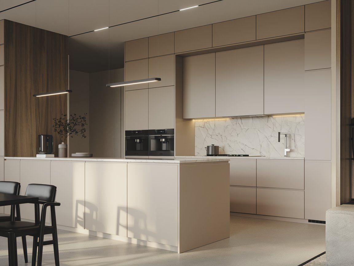 Modern kitchen with beige cabinets, a marble backsplash, and wooden details in a minimal aesthetic.