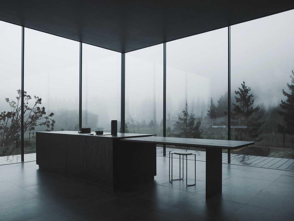 Cuisine moderne avec îlot et table dans un design minimaliste, avec des murs en verre et vue sur la nature.