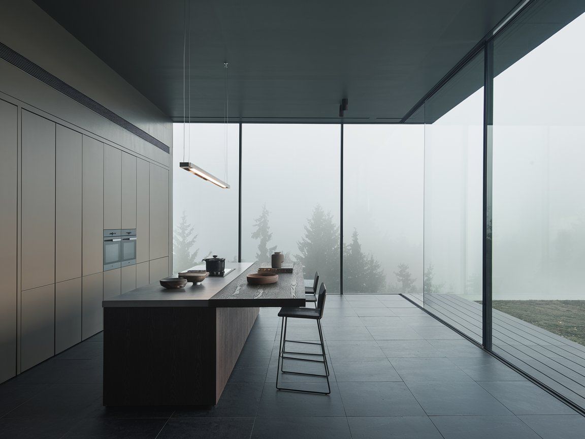 Cuisine avec îlot et design minimaliste, illuminée par un luminaire suspendu moderne et offrant une vue sur la nature.