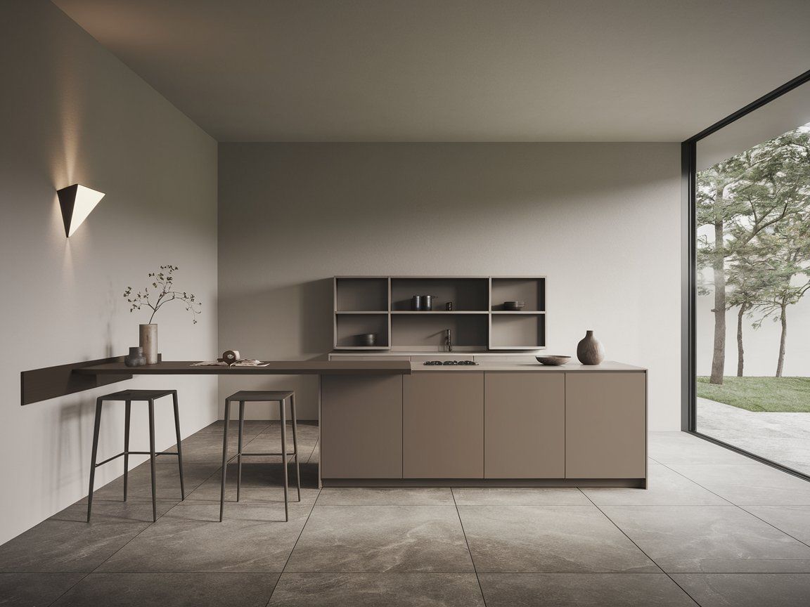 Cuisine moderne avec îlot et table intégrée, design minimaliste et éclairage naturel.