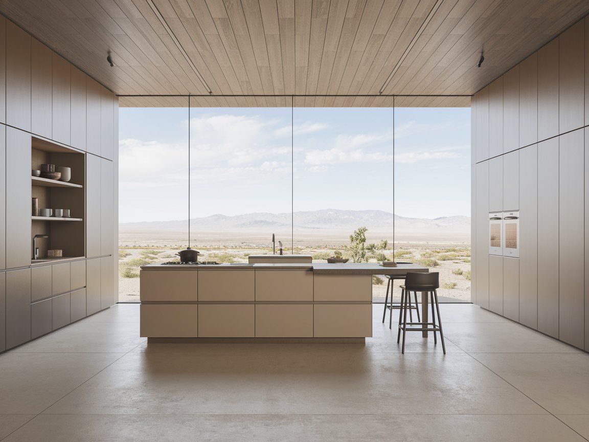 Beige Latte kitchen with an island, minimal design, and large windows overlooking the desert