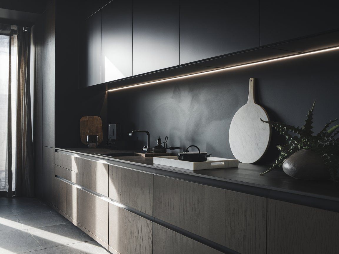 Modern Black Kitchen with Wood in Minimal Style, Sink, and Linear Hidden LED Lighting Under the Wall Cabinets