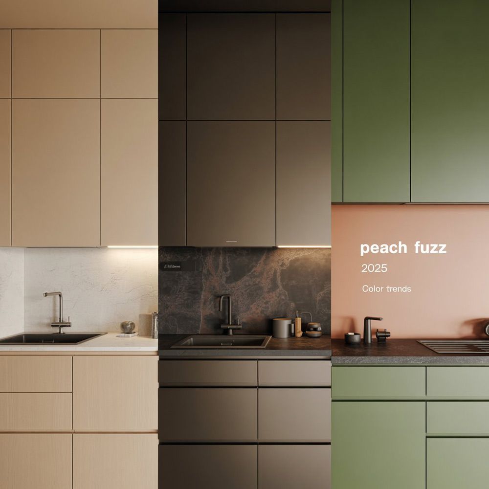 Τρεις μοντέρνες κουζίνες με αποχρώσεις warm minimal, urban dark και peach fuzz – τάσεις χρωμάτων 2025 για κομψή διακόσμηση κουζίνας