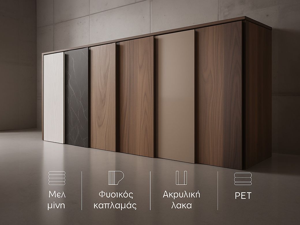 Ιδέες για κουζίνα με δείγματα πορτών Mebel Arts σε μελαμίνη, φυσικό καπλαμά, ακρυλική λάκα και PET, παρουσιάζοντας σύγχρονες επιλογές υλικών για μοντέρνο design.