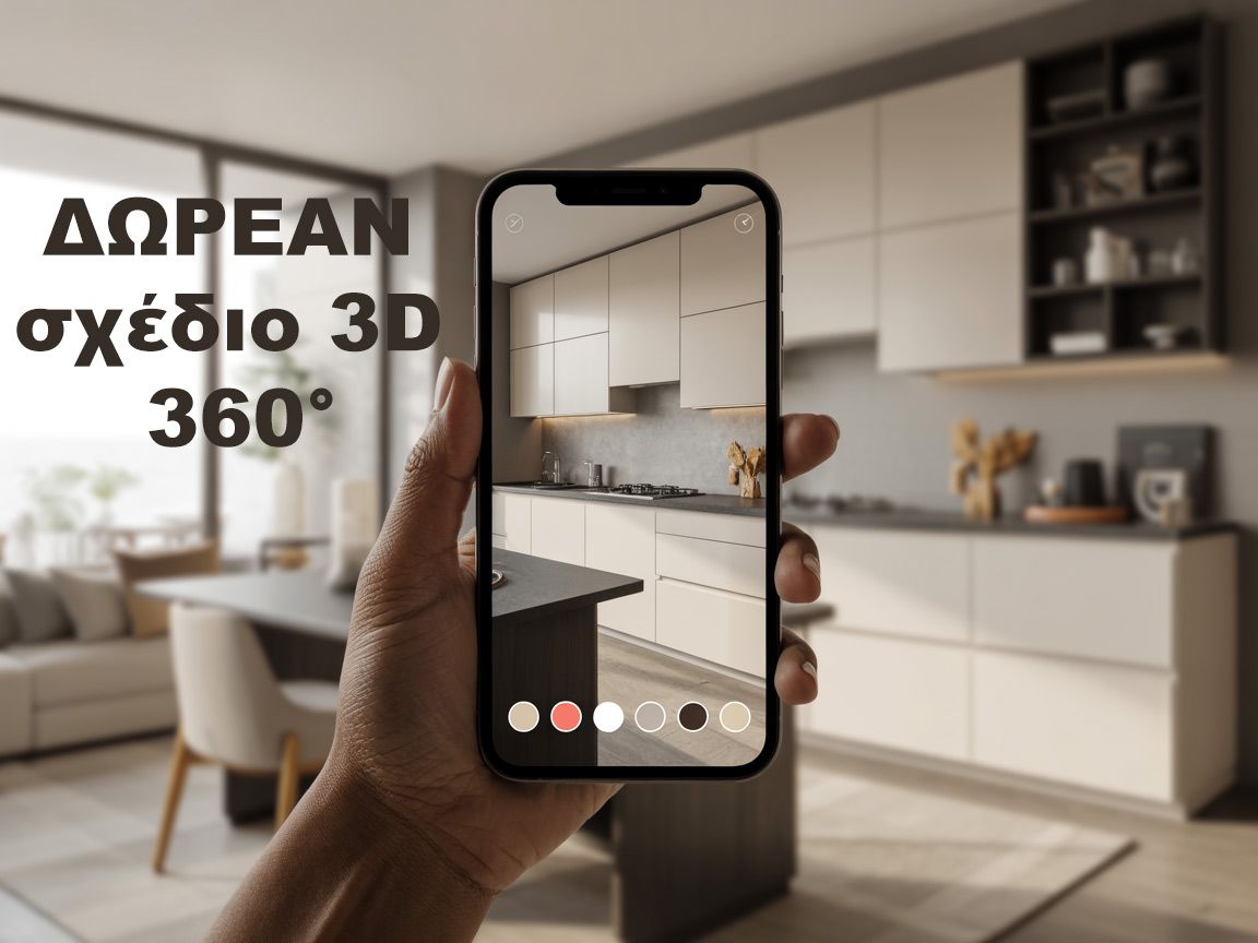 Δωρεάν 3D σχέδιο κουζίνας 360° από τη Mebel Arts για να δείτε πώς ταιριάζουν τα χρώματα και τα υλικά στον δικό σας χώρο πριν την κατασκευή.